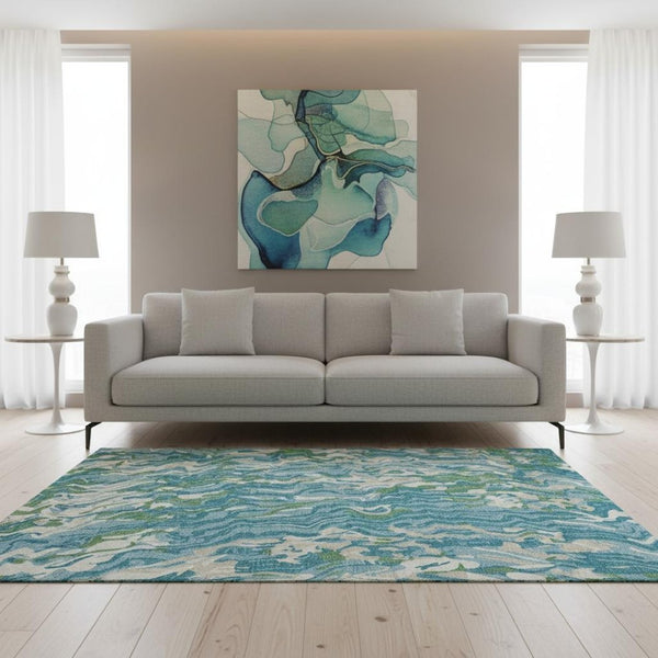 HomeRoots 5' X 8' Teal Green & Ivory Abstract Area Rug - Washable, UV Protected, Durable for Busy Homes! 681469