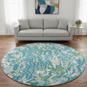HomeRoots 8' Teal Green & Ivory Abstract Washable Round Rug - Durable, UV-Protected, Stain-Resistant Design! 681470