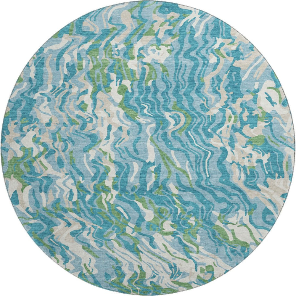 HomeRoots 8' Teal Green & Ivory Abstract Washable Round Rug - Durable, UV-Protected, Stain-Resistant Design! 681470