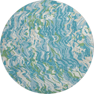 HomeRoots 8' Teal Green & Ivory Abstract Washable Round Rug - Durable, UV-Protected, Stain-Resistant Design! 681470