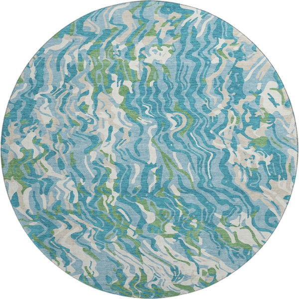 HomeRoots 8' Teal Green & Ivory Abstract Washable Round Rug - Durable, UV-Protected, Stain-Resistant Design! 681470