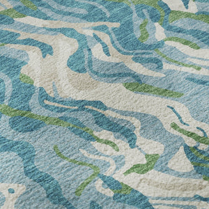 HomeRoots 8' Teal Green & Ivory Abstract Washable Round Rug - Durable, UV-Protected, Stain-Resistant Design! 681470