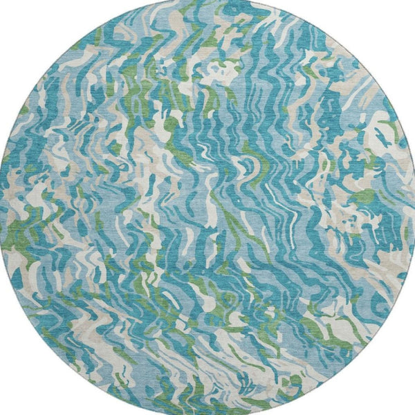 HomeRoots 8' Teal Green & Ivory Abstract Washable Round Rug - Durable, UV-Protected, Stain-Resistant Design! 681470