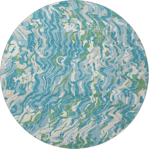 HomeRoots 8' Teal Green & Ivory Abstract Washable Round Rug - Durable, UV-Protected, Stain-Resistant Design! 681470
