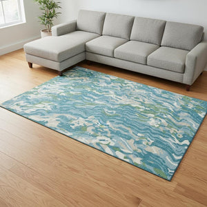 HomeRoots 8' X 10' Teal Green & Ivory Abstract Area Rug - Stylish, Washable, UV-Protected for Modern Homes 681471