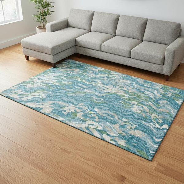 HomeRoots 8' X 10' Teal Green & Ivory Abstract Area Rug - Stylish, Washable, UV-Protected for Modern Homes 681471