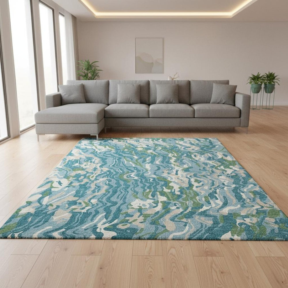 HomeRoots 9' X 12' Teal Green & Ivory Abstract Area Rug - Washable, UV Protected, Durable & Stylish for Homes 681472