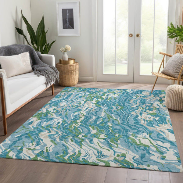 HomeRoots 9' X 12' Teal Green & Ivory Abstract Area Rug - Washable, UV Protected, Durable & Stylish for Homes 681472