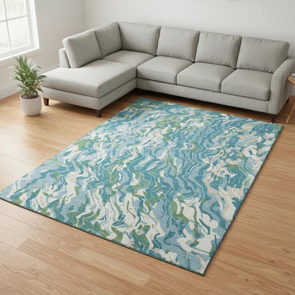 HomeRoots 10' X 14' Teal Green and Ivory Abstract Area Rug - Washable, UV Protected, Durable for Busy Homes 681473
