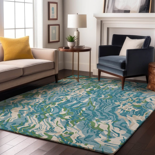 HomeRoots 10' X 14' Teal Green and Ivory Abstract Area Rug - Washable, UV Protected, Durable for Busy Homes 681473
