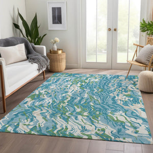 HomeRoots 10' X 14' Teal Green and Ivory Abstract Area Rug - Washable, UV Protected, Durable for Busy Homes 681473
