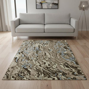 HomeRoots 5' X 8' Stylish Taupe Sky Blue Beige Abstract Washable Area Rug with Stain Resistance & UV Guard 681475