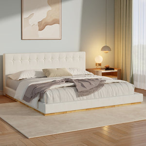 English Elm Solid Rubberwood King Platform Bed Tufted Upholstered Headboard Modern Bedroom Frame N769P387939W