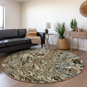HomeRoots 8' Washable Round Rug in Taupe, Sky Blue & Beige - Durable, UV-Protected, Perfect for Busy Homes 681476