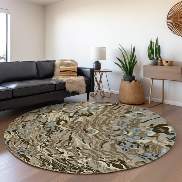 HomeRoots 8' Washable Round Rug in Taupe, Sky Blue & Beige - Durable, UV-Protected, Perfect for Busy Homes 681476