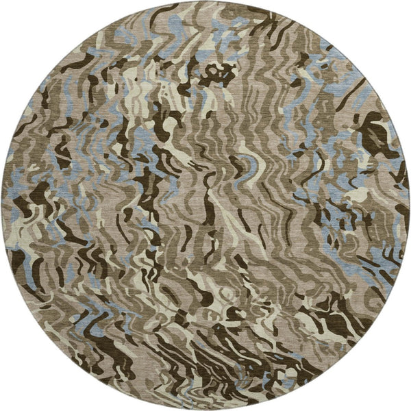 HomeRoots 8' Washable Round Rug in Taupe, Sky Blue & Beige - Durable, UV-Protected, Perfect for Busy Homes 681476