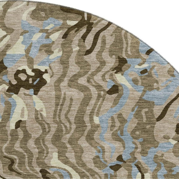 HomeRoots 8' Washable Round Rug in Taupe, Sky Blue & Beige - Durable, UV-Protected, Perfect for Busy Homes 681476