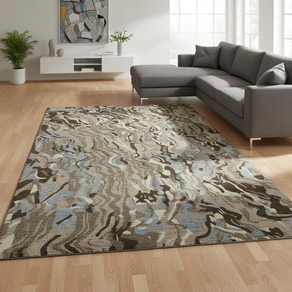 HomeRoots 8' X 10' Abstract Washable Area Rug in Taupe, Blue & Beige - UV Protected, Stain Resistant & Stylish 681477