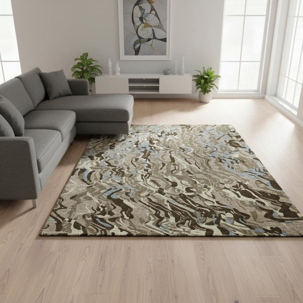 HomeRoots 9' X 12' Modern Abstract Washable Area Rug in Taupe, Sky Blue & Beige with UV Protection & Stain Resistance 681478