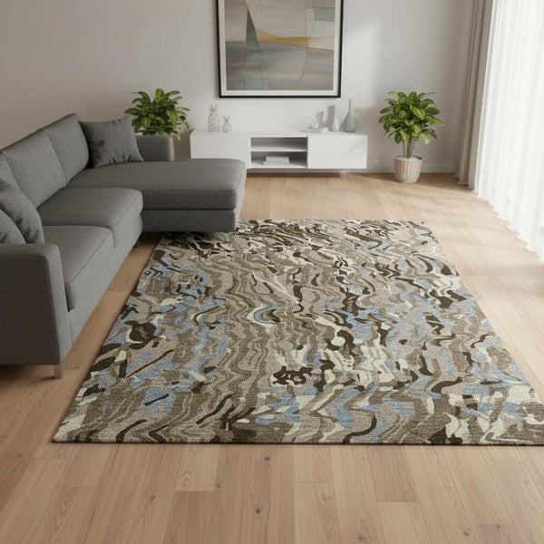HomeRoots 10' X 14' Abstract Washable Area Rug in Taupe, Blue & Beige - Durable, UV Protected for High-Traffic Areas 681479