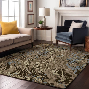 HomeRoots 10' X 14' Abstract Washable Area Rug in Taupe, Blue & Beige - Durable, UV Protected for High-Traffic Areas 681479