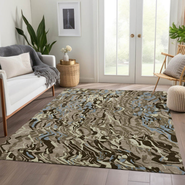 HomeRoots 10' X 14' Abstract Washable Area Rug in Taupe, Blue & Beige - Durable, UV Protected for High-Traffic Areas 681479