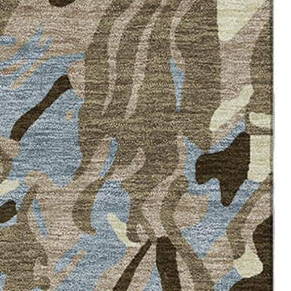 HomeRoots 10' X 14' Abstract Washable Area Rug in Taupe, Blue & Beige - Durable, UV Protected for High-Traffic Areas 681479
