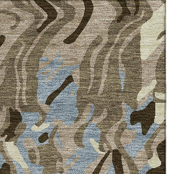 HomeRoots 10' X 14' Abstract Washable Area Rug in Taupe, Blue & Beige - Durable, UV Protected for High-Traffic Areas 681479