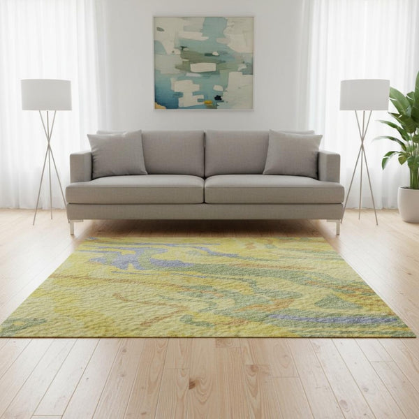 HomeRoots 5' Vibrant Yellow-Copper and Blue Abstract Washable Area Rug with UV Protection for Everyday Living 681481