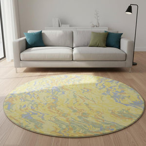 HomeRoots 8' Stunning Abstract Round Rug in Yellow, Copper & Blue – Washable, UV-Protected & Stain Resistant! 681482