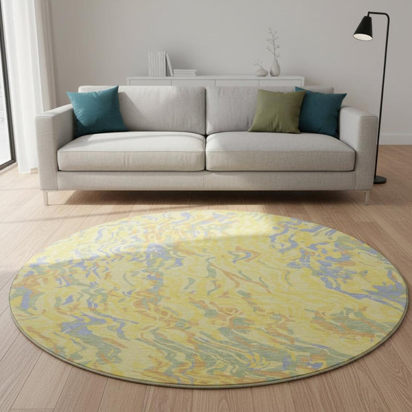 HomeRoots 8' Stunning Abstract Round Rug in Yellow, Copper & Blue – Washable, UV-Protected & Stain Resistant! 681482