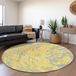 HomeRoots 8' Stunning Abstract Round Rug in Yellow, Copper & Blue – Washable, UV-Protected & Stain Resistant! 681482