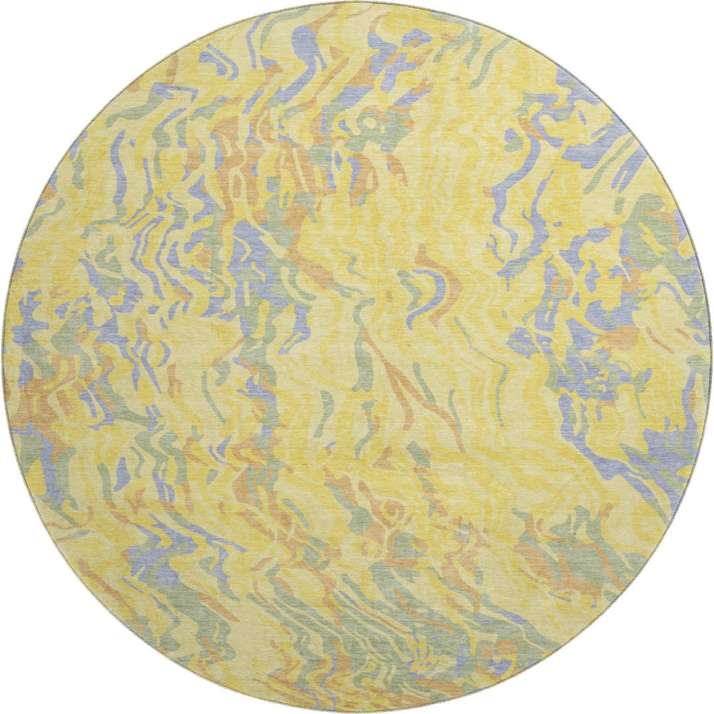 HomeRoots 8' Stunning Abstract Round Rug in Yellow, Copper & Blue – Washable, UV-Protected & Stain Resistant! 681482
