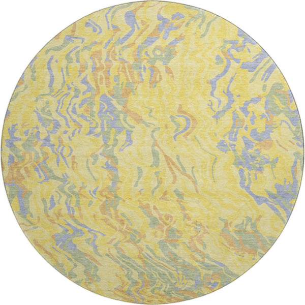 HomeRoots 8' Stunning Abstract Round Rug in Yellow, Copper & Blue – Washable, UV-Protected & Stain Resistant! 681482