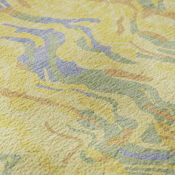 HomeRoots 8' Stunning Abstract Round Rug in Yellow, Copper & Blue – Washable, UV-Protected & Stain Resistant! 681482