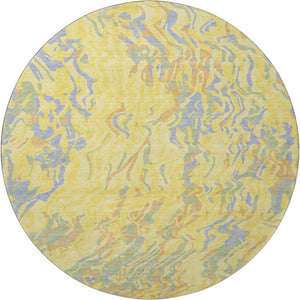 HomeRoots 8' Stunning Abstract Round Rug in Yellow, Copper & Blue – Washable, UV-Protected & Stain Resistant! 681482