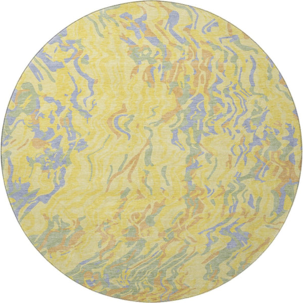 HomeRoots 8' Stunning Abstract Round Rug in Yellow, Copper & Blue – Washable, UV-Protected & Stain Resistant! 681482
