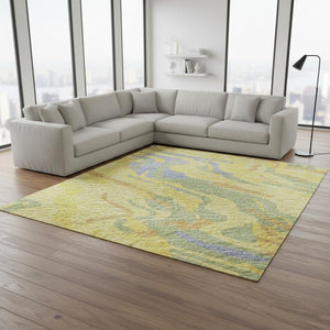 HomeRoots 8' X 10' Washable Area Rug in Bold Yellow-Copper & Blue Abstract Design with UV Protection & Durability 681483