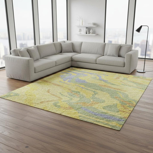 HomeRoots 8' X 10' Washable Area Rug in Bold Yellow-Copper & Blue Abstract Design with UV Protection & Durability 681483