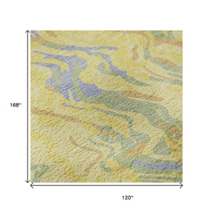 HomeRoots 10' X 14' Abstract Yellow Copper & Blue Washable Area Rug with UV Protection for Modern Spaces 681485
