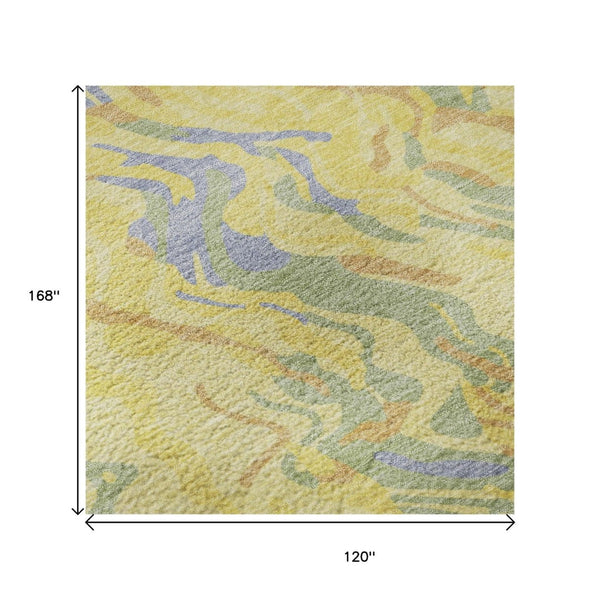 HomeRoots 10' X 14' Abstract Yellow Copper & Blue Washable Area Rug with UV Protection for Modern Spaces 681485