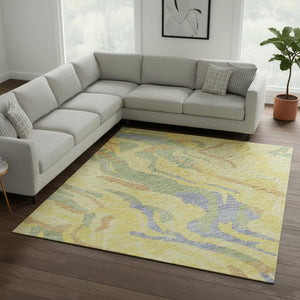 HomeRoots 10' X 14' Abstract Yellow Copper & Blue Washable Area Rug with UV Protection for Modern Spaces 681485