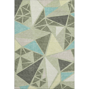 HomeRoots 5' Geometric Artichoke Green, Aqua & Ivory Washable Area Rug with UV Protection for Busy Homes 681487