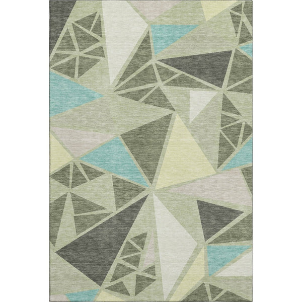 HomeRoots 5' Geometric Artichoke Green, Aqua & Ivory Washable Area Rug with UV Protection for Busy Homes 681487