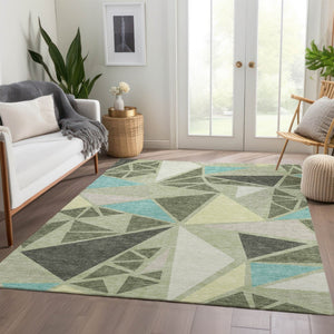 HomeRoots 5' Geometric Artichoke Green, Aqua & Ivory Washable Area Rug with UV Protection for Busy Homes 681487