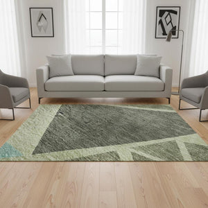 HomeRoots 5' Geometric Artichoke Green, Aqua & Ivory Washable Area Rug with UV Protection for Busy Homes 681487