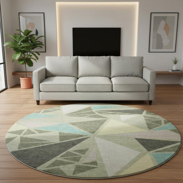 HomeRoots 8' Artichoke Green Round Rug - Washable Geometric Design with UV Protection for High-Traffic Areas 681488