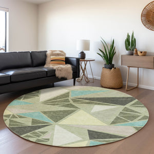 HomeRoots 8' Artichoke Green Round Rug - Washable Geometric Design with UV Protection for High-Traffic Areas 681488