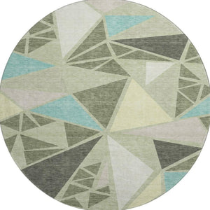 HomeRoots 8' Artichoke Green Round Rug - Washable Geometric Design with UV Protection for High-Traffic Areas 681488