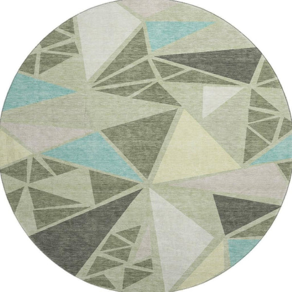 HomeRoots 8' Artichoke Green Round Rug - Washable Geometric Design with UV Protection for High-Traffic Areas 681488